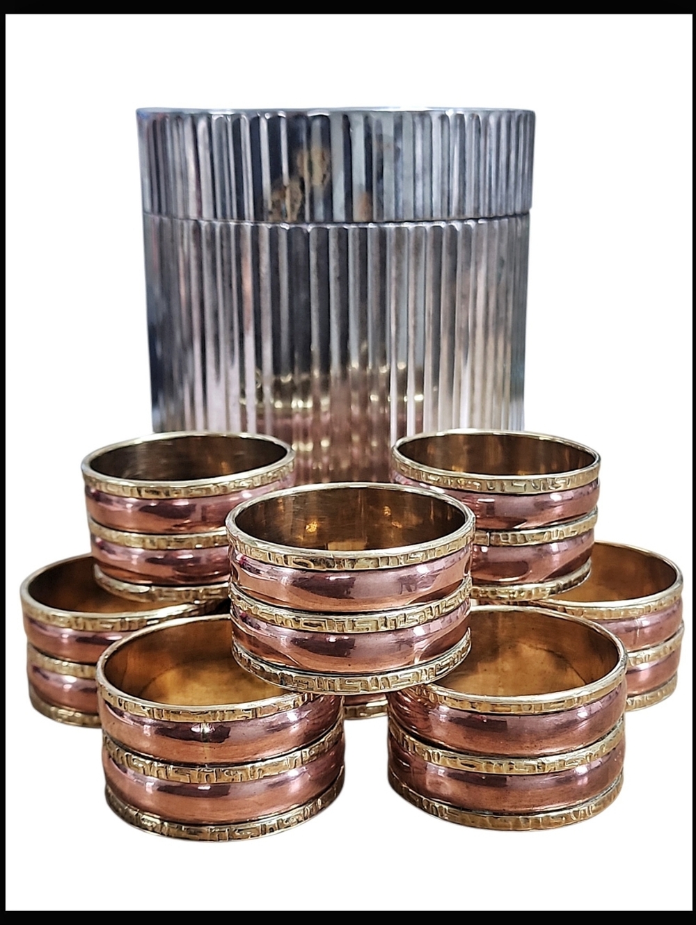 Vintage Set Of 8 Brass Copper Napkin Rings Greek Key Stamp Lidded Steel Canister
